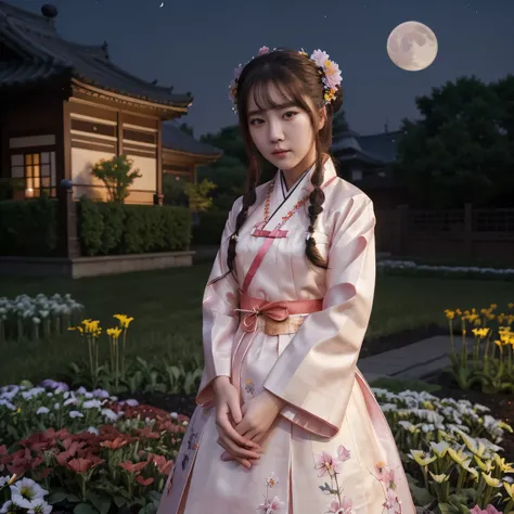 best quality, high_resolution, distinct_image, detailed background ,girl, hanbok,flower,garden,moon, night,