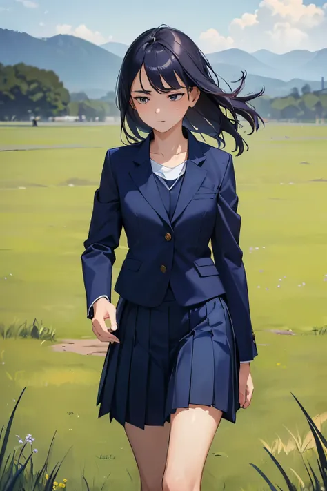 ((best quality)), ((masterpiece)), ((detailed)), (((perfect face))), (((16yo girl in navy blue suit, pleated skirt))), (((sad))), (((grass field))), (((walking))), (((looking away)))