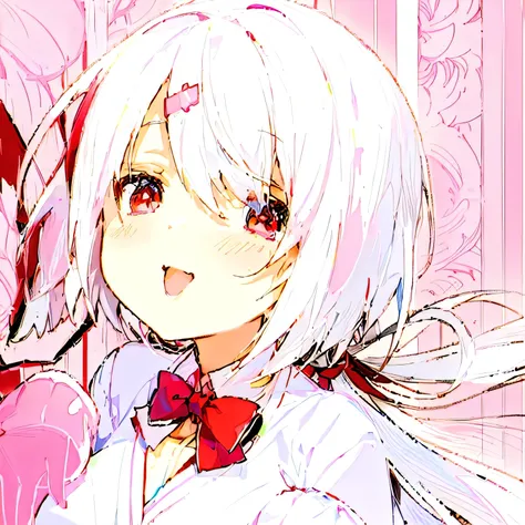 Pink Eyes、Wearing a white dress、Anime girl with a red bow, Anime visuals of cute girls, Meow, Haruno Sakura, Ink art animation , Shikami, Hajime Yatate, White hair deity, Gamoyedre, Hillabi, Lolich, White hair, Madoka Kaname, White hair