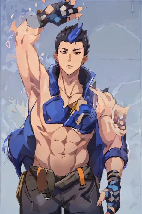 Yoru from VALORANT, 1 asian male, tank top, abs, normal body type, showing armpit with armpit hair, musky armpit, many armpit hair, thick armpit hair,
a man in a blue tank top, valorant character, in official style of valorant