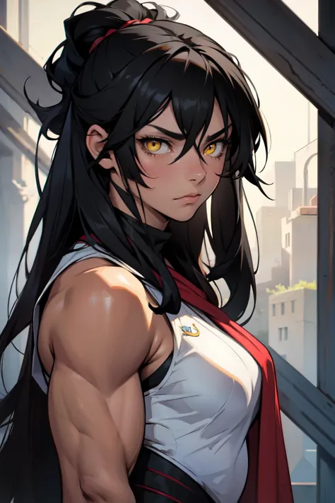 a sad muscular girl with long silky black hair and yellow eyes