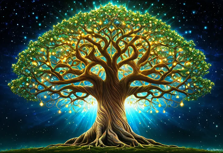 A picture of a tree with lots of lights, Digital art by Kelembeit, Artstation Contest Winner, Psychedelic Art, Magic Tree, Fantasy Tree, Magic Tree, Space Tree of life, the world Tree, Space Tree, large Magic Trees, the Tree of Life, Tree of Life, world Tr...