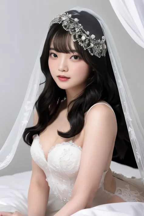 Masterpiece、highest quality、Woman 1、Super detailed、Top view、Gravure idol　Black Hair、Straight Hair、Light bangs　Wedding dress、White Veil　Lying on white sheets、Lie on your back、Gravure pose、Lying Pose　White sheets background