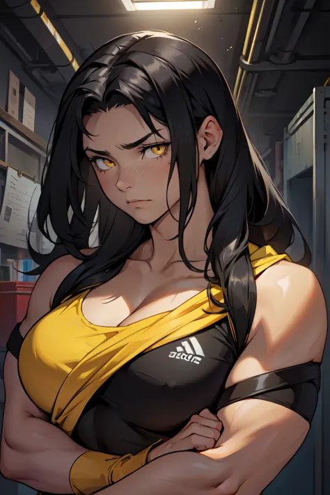 a sad muscular girl with long silky black hair and yellow eyes messy hair