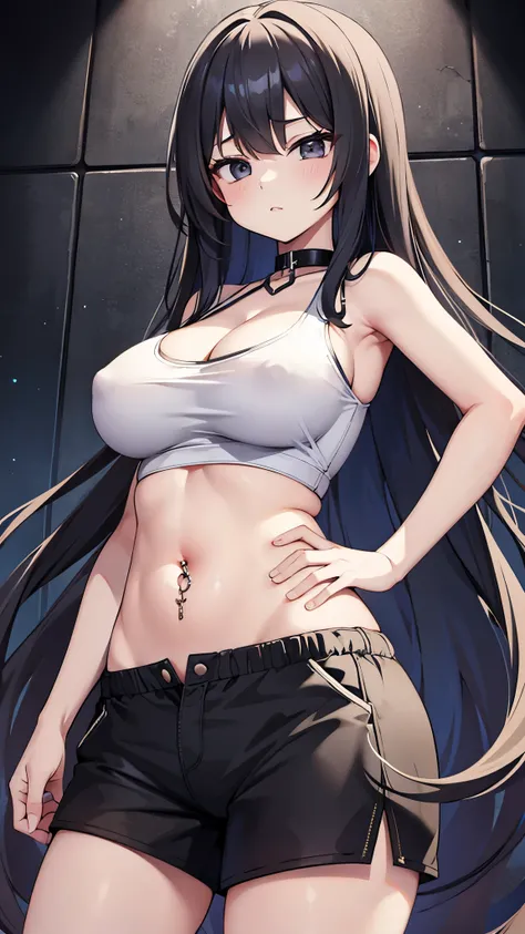 Beautiful white-skinned girl、Very large breasts、Wearing a tank top、Belly button piercing、hot pants、Cleavage、Black Hair、Black eyes、Very long hair