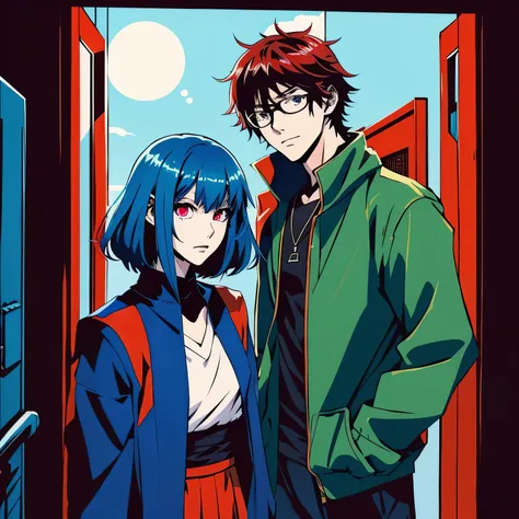 Anime boy and girl with red hair and blue eyes, nixeu and sakimichan, Jazz and Lost Draw, High quality fan anime girl with glasses and red shirt standing in front of the door, Demon Slayer Louis Fan Art, by Kamaguruka, Demon Slayer Art Style, 2D Anime Styl...