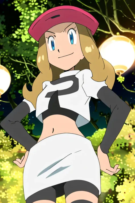 masterpiece, best quality, highres, 1girl, solo, serena (pokemon), pink headwear, red skirt, black shirt, bare shoulders, looking at viewer, closed mouth, solo, night sky, forest, arms behind head, contrapposto, spread armpits, closed mouth, smile, (cowboy...