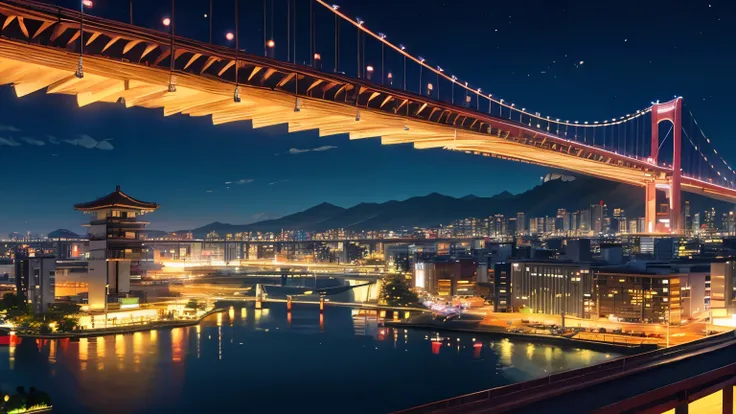 Japan, cidade pequena ao longe e rio na frente, durante a noite, com cores calmas, transmitindo paz