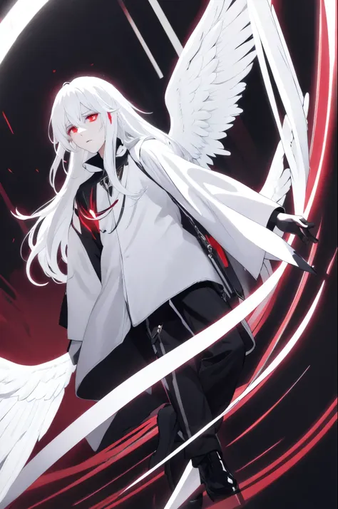 male 12 ft tall long white hair and neon full red eyes black pants black shoes a long sleeve black shirt a a long white cloak an...