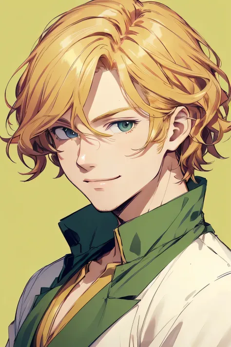 A bust shot of a handsome guy with short, wavy strawberry blond hair, a gentle smile and bright eyes, one thats light green and the other thats ember.