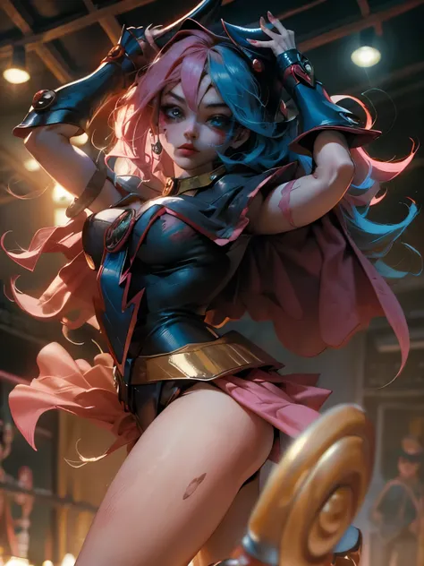 Maga oscura gils vestida de Harley Quinn. Tiene cabello rubio y negro. Ojos azules. Labios rojos. Gils, el mago oscuro, se viste como Harley Quinn. Pose sensual y inocente. Fondo de circo y magia.