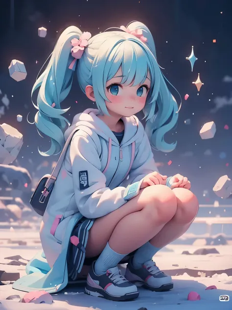 (masterpiece、highest quality、highest quality、Official Art、Beautiful and beautiful:1.2)、(One girl:1.3)Hatsune Miku、Twin tails,Beautiful breasts,Alafed Asian girl crouching No sleeve in light blue on the ground,No sleeve, Reality Girls, pretty girl, Beauty, ...