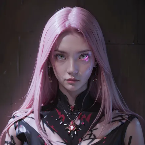 (masterpiece, best quality, 1 girl, solo, intricate details, chromatic aberration), realistic, ((medium breath)),long hair, red hair, red decoration on the head, pink highlights, amber eyes, earrings, sharp eyes, necklace, neon shirt, ripped shorts, unbutt...