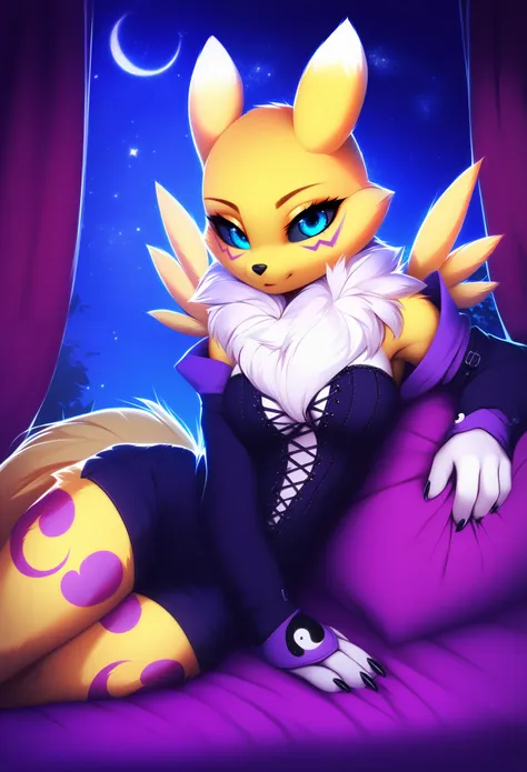 core_9, score_8_up, score_7_up, source_furry, rating_safe, by magnaluna, 1girl, anthro, renamon, yellow fur, blue eyes, black sc...