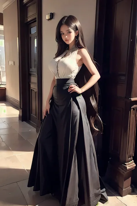 best quality,Ultra-high resolution,(Reality:1.4),1 Girl,this,Male perspective,whole body,A few butterflies,Long hair,Perfect body proportions,(Long skirt:1.5),library,band,Hands on hips,