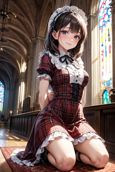 very cute and beautiful girl,(highly detailed beautiful face),(smile),blush,embarrassed,black hair,looking at viewer, (elegant brown plaid lolita dress with detailed frills),detailed lace, kneeling,arms behind back,altar,church,indoors, (best quality,maste...