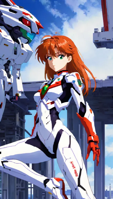 Neon Genesis Evangelion anime characters、Asuka Langley、Dressed in a pure white armor suit、She poses gracefully in front of the camera in high definition footage.。Evangelion Unit 0、An impressive megastructure、It provides a breathtaking backdrop。Asuka raised...