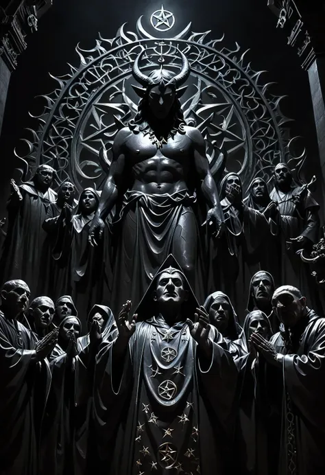 a satanic sect of twelve individuals, reunidos no ambiente mal iluminado e obscuro, pay homage to an imposing statue of satan. t...