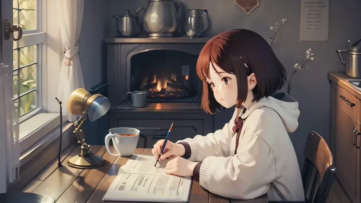 Anime girl sitting at a desk writing in front of a fireplace, cozy wallpaper, Anime Style 4k, Cozy environment, anime art wallpaper 4k, anime art wallpaper 4k, Cozy place, anime art wallpaper 8k, LOFI Girl, Nightcore, Cozy rooms, winter concept art, Digita...