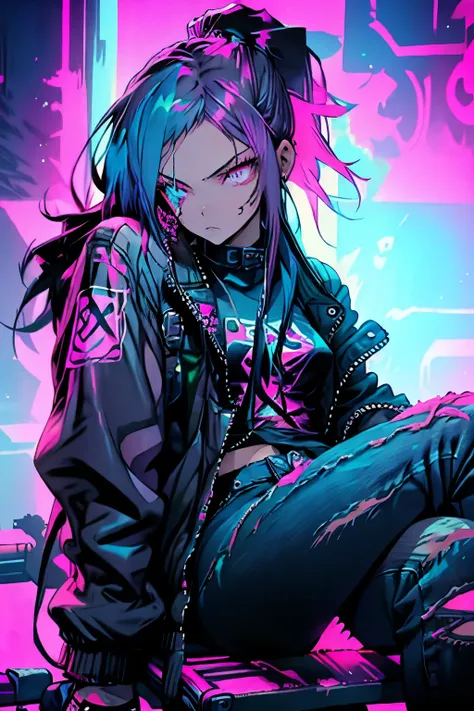 girl, Blue long hair, (Pink Eyes), Beautiful Eyes, (Black jacket, Distressed jeans), tattoo, ponytail, crazy, Sitting pose, Neon Background