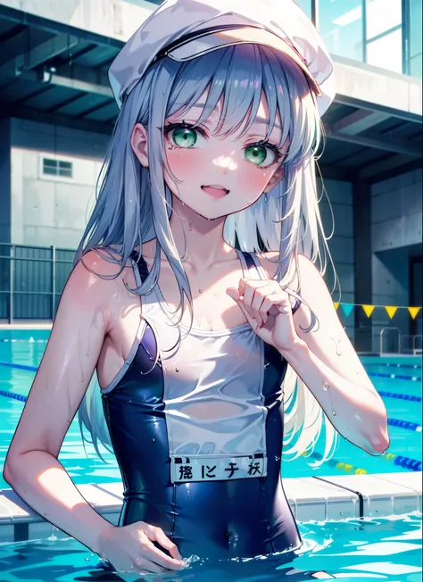 index, index, (Green Eyes:1.5), Silver Hair, Long Hair, (Flat Chest:1.2),School Swimsuit(white),Swimming Caps,barefoot,Wet Skin,Wet swimsuit,happy smile, smile, Open your mouth,
break looking at viewer, Upper Body, whole body,
break indoors, Public swimmin...