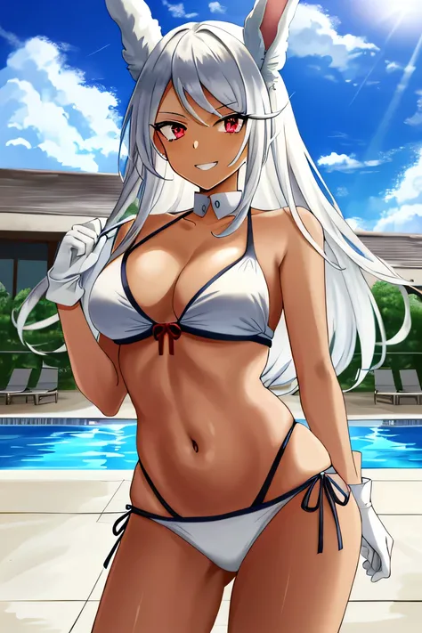 ((最high quality)), ((Very detailedな)), masterpiece, (Fine grain, Deep Eyes), (One girl), (Cowboy Shot), Mirkoma, boku no hero academia, Gray Hair, Very long hair, (Red eyes), ((Dark Skin:1.3)), Muscular woman, Bunny ears, Large Breasts, Grin, Grin, gown, F...