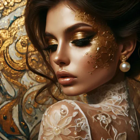 A beautiful woman model, dewy, steamy, gold lace, painted gold, an oil painting, a masterpiece, hi res, 8 k, art by Tavita Niko, art by Vallejo, art by Klimt , Leonardo Style, close up, ball glasses, impressions of love, want,