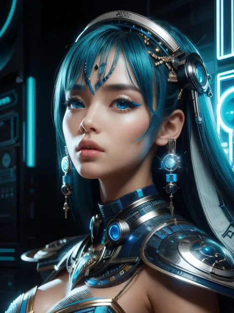 (high quality), (masterpiece), (detailed), 8K, Hyper-realistic digital illustration depicts (Japanese woman1.3) with (electric blue hair1.2) and (piercing blue eyes1.2), donning (futuristic fantasy attire1.2) that blends (modern neon-lit accents1.2) with (...