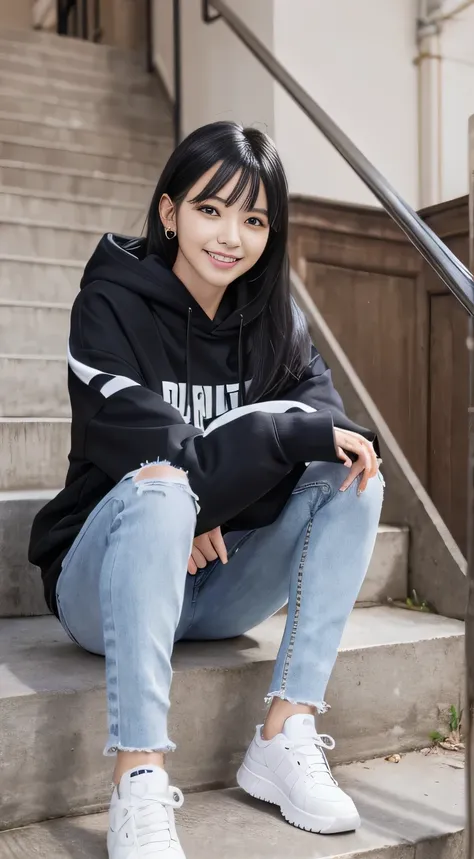 highest quality, Realistic, Very detailed, Finer details, High resolution, 8k wallpaper, One beautiful woman,Sit on the stairs、（Wear black socks）smile、（Beautiful teeth alignment、）（Gums are visible） Oversized hoodie, Skinny jeans,（ Black sneakers）、Black Hai...