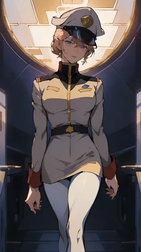 (((masterpiece,highest quality,In 8K,Super detailed,High resolution,anime style,absolutely))),(A female officer of the Earth Federation Forces is walking..:1.5),(alone:1.5), (Wearing a uniform of the Earth Federation Forces:1.5),(wearing an officer hat: 1....