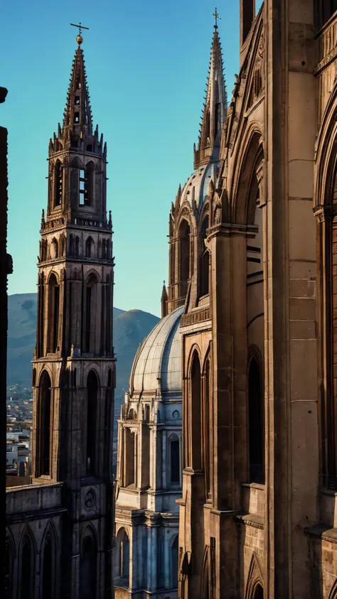 arafed view of a large cathedral with a clock tower, central Mexico, Mexico City, Guanajuato, cathedral, Mexico, cathedral!!!!!, cathedral of sun, old cathedral behind it, in a city with a rich history, cathedral in the background, Aztec architecture, with...