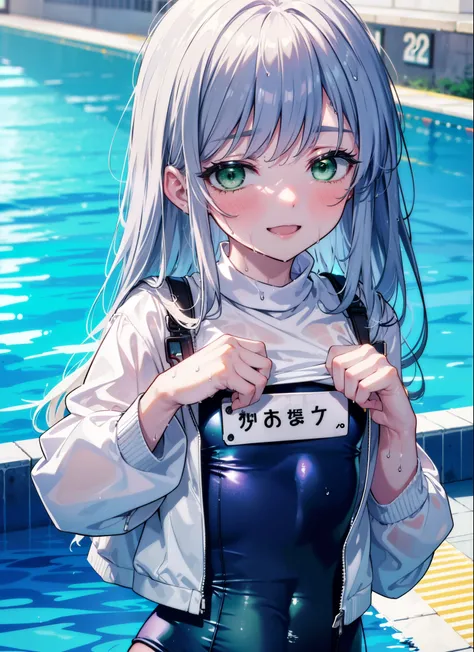 index, index, (Green Eyes:1.5), Silver Hair, Long Hair, (Flat Chest:1.2),School Swimsuit(white),barefoot,Wet Hair,Wet Skin,Wet swimsuit,happy smile, smile, Open your mouth,crowd,
break looking at viewer, Upper Body, whole body,
break outdoors, Public swimm...