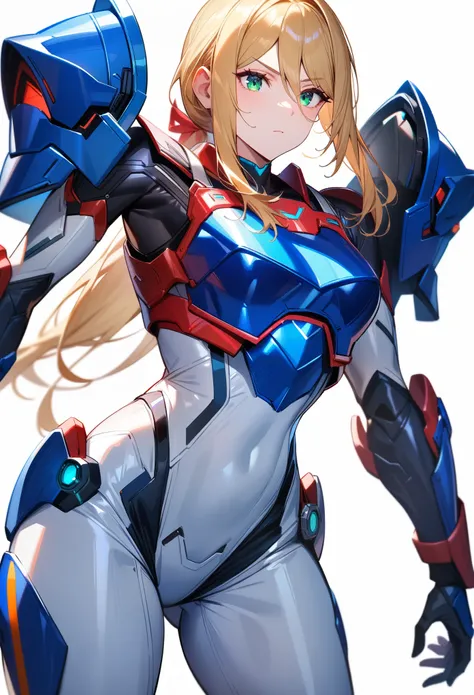 (best quality),female,Samus aran,((red chest armor)),white bodysuit,blue armor,green eyes,cowboy shot,simple background,Science fiction,ultra-detailed,sharp focus,aesthetic