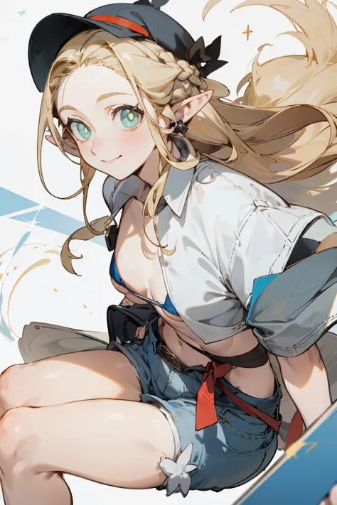 Wear a bikini、Wearing a hat and a sword, Put on your headphones,(masterpiece, best quality) detailed,silver accessories , Blonde ,elegant, Pointed ears ，White shirt，shorts，Double tail，Waist-length hair，Smile，star decoration