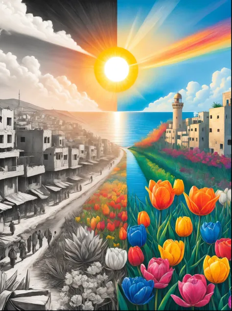 (The left half is a black and white line drawing of the war-torn and ruined city of Gaza:1.3), (The right half is a beautiful and pleasant city with tall buildings, bright sunshine and bright colors:1.5), ((The artwork should transition from a pencil drawi...