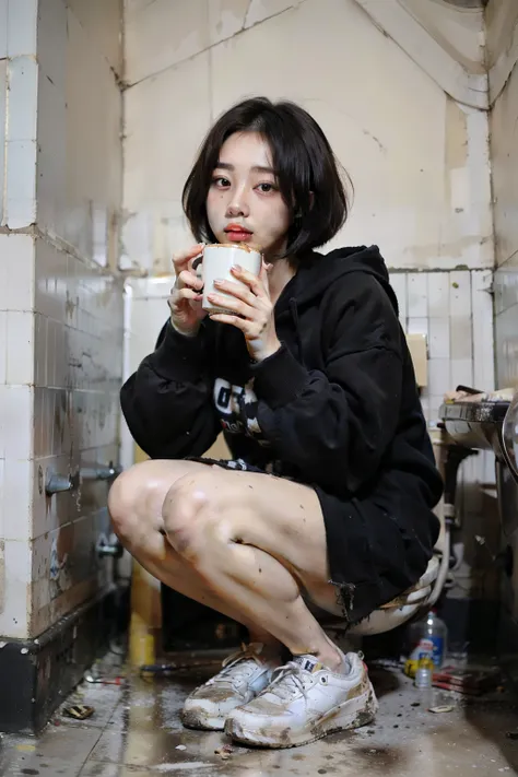 wearing a black tattered hoodie、18 year old young korean transgender with black bob cut eating in dirty toilet。she is sitting on...