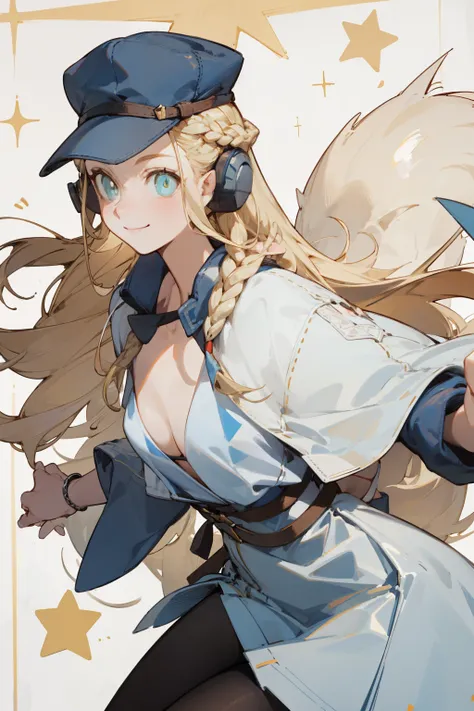 Wear a bikini、Wearing a hat and a sword, Put on your headphones,(masterpiece, best quality) detailed,silver accessories , Blonde ,elegant, Pointed ears ，White shirt，Tights，Double tail，Waist-length hair，Smile，star decoration