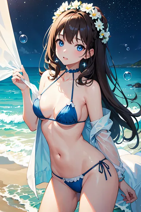 (((masterpiece、high resolution、high quality、Delicate、Ultra-high resolution、8k)))One female、Brown Hair、Curly Hair、Blue Eyes、Dense lips、Glowing Skin、Micro Bikini、BREAK,Ocean、beach、water droplets、Bubbles 🫧、night、Starry Sky