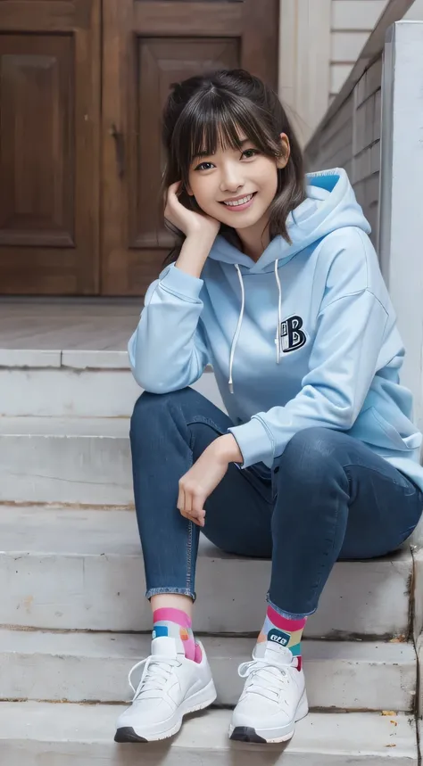 highest quality, Realistic, Very detailed, Finer details, High resolution, 8k wallpaper, One beautiful woman,Sit on the stairs、（Wear black socks）smile、（Beautiful teeth alignment、）（Gums are visible） Oversized hoodie, Skinny jeans,（ Black sneakers）、Black Hai...