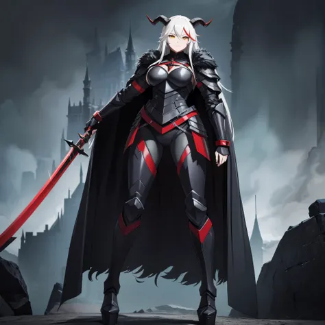 A woman wearing black heavy armor, black metal boots, black metal bracelet, long white hair, a red fringe, yellow eyes, horns, horns on the armors shoulder pads, a large black fur cape, smiling, full body, standing standing on a platform of a large castle,...