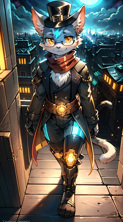 uploaded on e621, by Pixelsketcher, by Bayard Wu, by Thomas Benjamin Kennington, by Einshelm, solo anthro, ((Portrait)), ((a full body, anthropomorphic old adult cat with mechanical steel legs wearing steampunk long coat and a scarf, cute face , posing for...