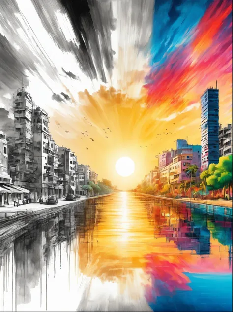 (The left half is a black and white line drawing of the war-torn city of Gaza:1.3), (On the right half is a beautiful and pleasant Israeli city with tall buildings, bright sunshine and bright colors:1.5), excellent quality, Detailed background, The art of ...