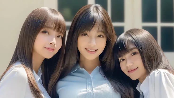 (((A front shot of three close sisters walking side by side in the same space)))　highest quality, masterpiece, Familiar　Get used to it　Perfect Face　((The 24-year-old woman in the middle is wearing sexy, professional makeup..　Bangs are the perfect hime cut　...