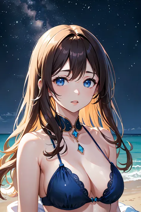 (((masterpiece、high resolution、high quality、Delicate、Ultra-high resolution、8k)))One female、Brown Hair、Curly Hair、Blue Eyes、Dense lips、Glowing Skin、Micro Bikini、BREAK,Ocean、beach、water droplets、Bubbles 🫧、night、Starry Sky、Milky Way、Cosmos