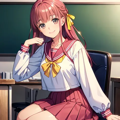 highest quality, (masterpiece:1.2), Very detailed, A siren in the form of a very beautiful girl is sitting., (((Beautiful long, very shiny peach-colored hair))), She has a big yellow ribbon in her hair., ((Pink sailor suit)), ((Pink pleated skirt)), silk i...