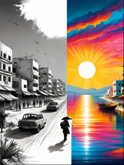 (The left half is a black and white line drawing of the war-torn city of Gaza:1.3), (On the right half is a beautiful and pleasant Israeli city with tall buildings, bright sunshine and bright colors:1.5), excellent quality, Detailed background, The art of ...