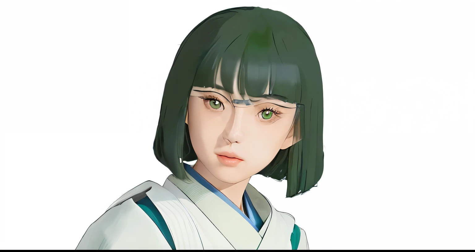 Young Asian female character with bright green eyes and straight, shoulder-length green hair、She has a gentle expression and wears a white kimono with blue trim.、