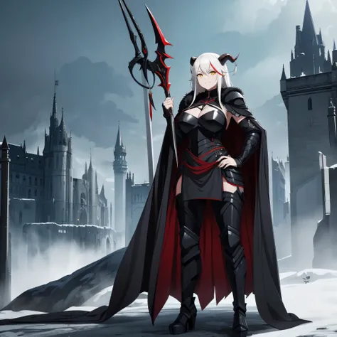 A woman wearing black heavy armor, black metal boots, black metal bracelet, long white hair, a red fringe, yellow eyes, horns, horns on the armors shoulder pads, a large black fur cape, smiling, full body, standing standing on a platform of a large castle,...