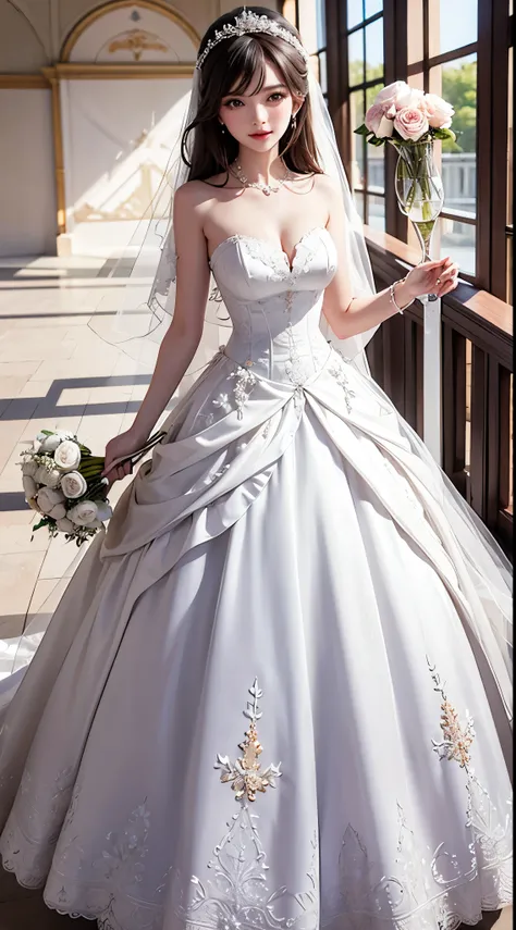 Wedding Gowns，lecture hall，flying white dove，Holding a bouquet of roses，Sacred