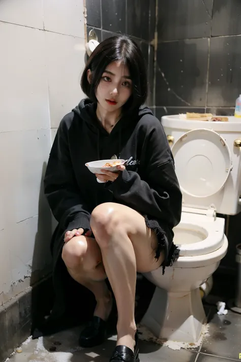 Wearing a black tattered hoodie、18 year old young Korean transgender with black bob cut eating with spoon in dirty toilet。She is sitting on the toilet。(Ultra-realistic), (figure), (High resolution), (8k), (Very detailed), (Best figure), (Beautiful fine det...